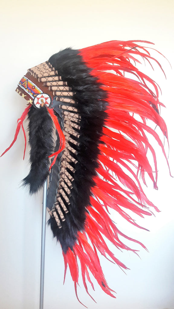 Y01 - Medium Red Feather Headdress / Native American Style Warbonnet (36 inch long )