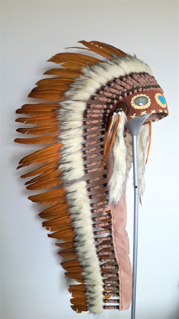 Z35 Extra Large Ocher color Feather Headdress (43 inch long )