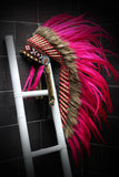 Y04 Indian Native American Style ,  Medium Pink Feather Headdress (36 inch long ).