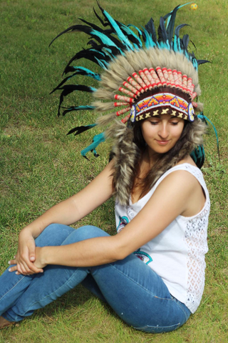 N55-Light Blue / Turquoise and dark Feather Headdress / Warbonnet