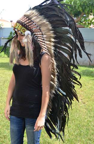 PRICE REDUCED . N92- Extra Large Natural color Feather Headdress (43 inch long )/ war bonnet.