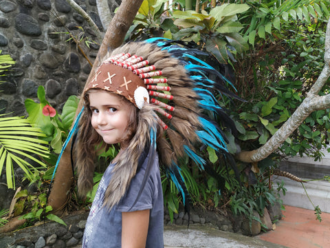N33- From 5-8 years Kid / Child's: Indian turquoise and black feather Headdress 21 inch. – 53,34 cm.