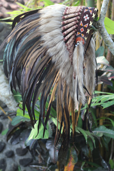 Short Indian Headdress Brown Zebra Animal headband with large brown rooster feathers and brown buy swan feathers