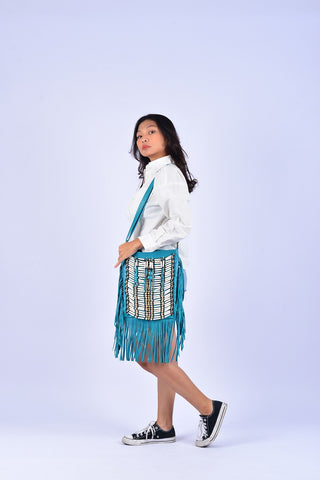 TURQUOISE Medium Size Boho Leather Bag with Fringes and Bone Choker.