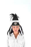 Coiffe indienne en plumes, d'inspiration amérindienne. Bonnet de guerre, bandeau. Couleur naturelle