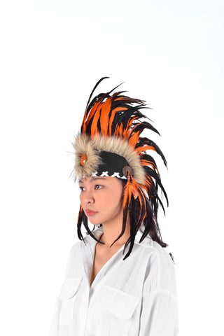 Indian Feather Headdress, Native American Inspired. Warbonnet, Headband. Orange&Black color