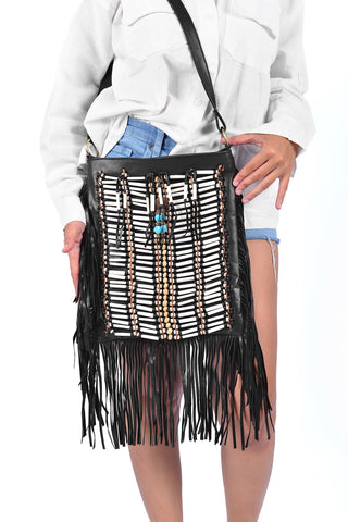 BLACK Medium Size Boho Leather Bag with Fringes and Bone Choker.