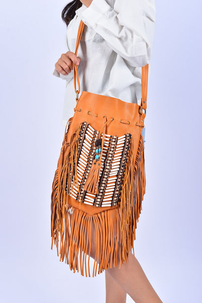 Hippie fringe camel shoulder bag