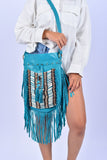 TURQUOISE Large Size Boho Leather Bag with Fringes and Bone Choker.