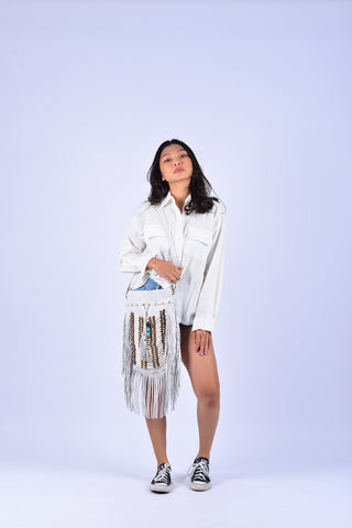 WHITE Large Size Boho Leather Bag with Fringes and Bone Choker.