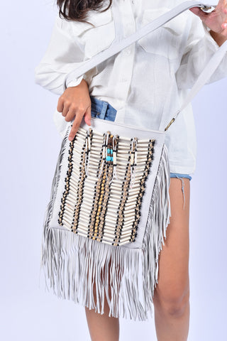 WHITE Medium Size Boho Leather Bag with Fringes and Bone Choker.