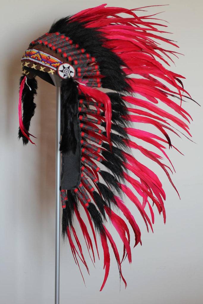 PRICE REDUCED - Y01 - Medium Red Feather Headdress / Native American Style Warbonnet (36 inch long )