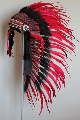 PRICE REDUCED - Y01 - Medium Red Feather Headdress / Native American Style Warbonnet (36 inch long )