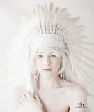 PRICE REDUCED N101- Extra Large Indian White Feather Headdress Headdress (43 inch long )