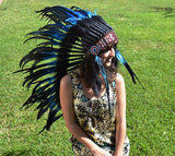 PRICE REDUCED Y06 Indian Native American Style , War bonnet , Medium Electric Blue Feather Headdress (36 inch long )..