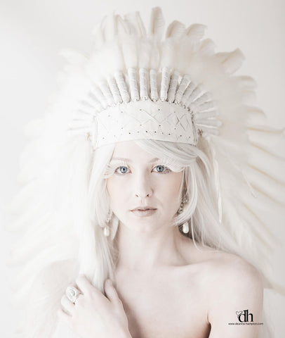 PRICE REDUCED N101- Extra Large Indian White Feather Headdress Headdress (43 inch long )