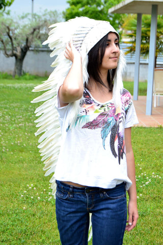 PRICE REDUCED N101- Extra Large Indian White Feather Headdress Headdress (43 inch long )