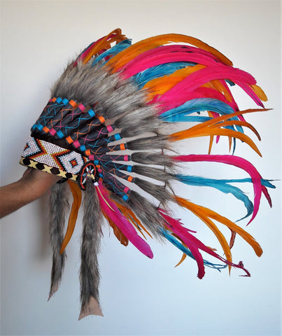 PRICE REDUCED - N26 - From 2-5 years Kid / Child's: Turquoise , orange, pink  Headdress 20,86 inch. – 53 cm