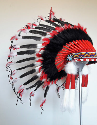 X54 -  Indian Style Feather Headdress /black and red warbonnet  (30 inch / 75 cm)