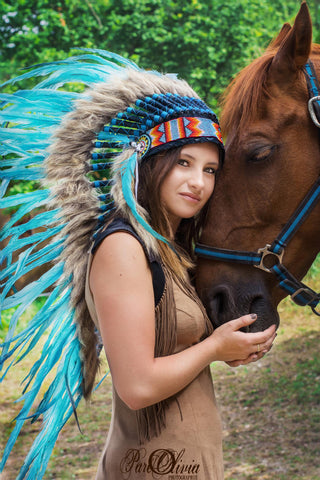 Y34 - PRICE REDUCED Medium Indian Style  Turquoise Feather Headdress (36 inch long ).