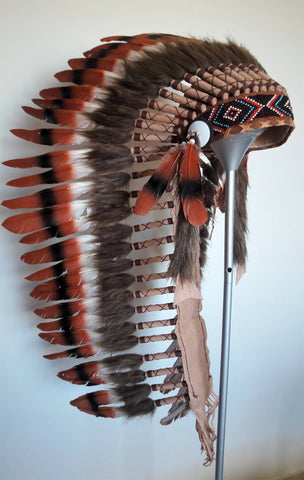 Z40 -  Extra large  three colors brown , Feather Headdress ( 43 inch long). Native American Style.