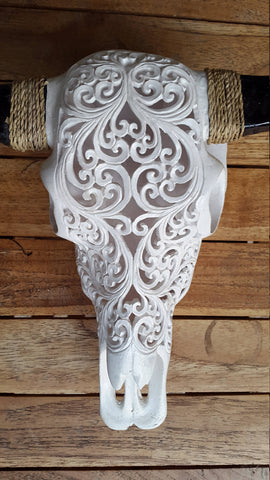 Small Faux Hand Carved  Tribal Buffalo Skull with long horns made with Resin