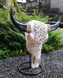 Small Faux Hand Carved  Tribal Buffalo Skull with long horns made with Resin