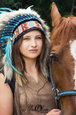 Y34 - PRICE REDUCED Medium Indian Style  Turquoise Feather Headdress (36 inch long ).