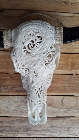 Small Faux Hand Carved  Dragon Buffalo Skull with long horns made with Resin