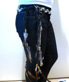 BE7-Black and White Braided leather Belt or Headband with feathers, plaited suede belt with feathers