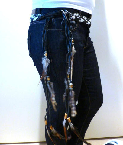 BE7-Black and White Braided leather Belt or Headband with feathers, plaited suede belt with feathers