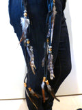 BE7-Black and White Braided leather Belt or Headband with feathers, plaited suede belt with feathers