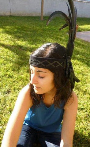 H23-Black leather headband with large rooster natural color Feathers