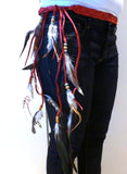 BE6-Red Braided leather Belt or Headband with feathers, plaited suede belt with feathers