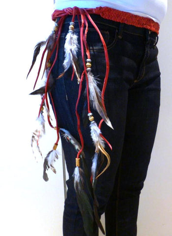 BE6-Red Braided leather Belt or Headband with feathers, plaited suede belt with feathers