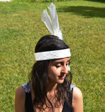 H8-White leather headband with large White Feathers