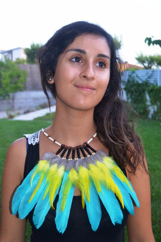 J17- Turquoise and yellow Feather Necklace