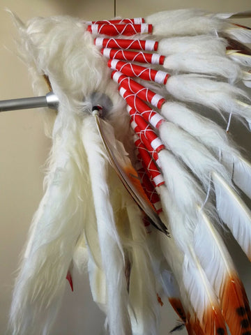 S4- Coiffe en plumes marron avec fourrure blanche