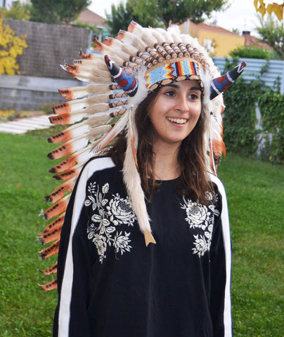 Y25 Medium three colors brown , Feather Headdress with horns ( 36inch long)