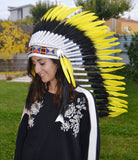 PRICE REDUCED Y13 Medium Indian yellow Feather Headdress / Handmade Native American Style Warbonnet (36 inch long )