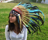 S37-Indian Light Blue / Turquoise  and dark Feather Headdress / Warbonnet