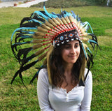 S37-Indian Light Blue / Turquoise  and dark Feather Headdress / Warbonnet