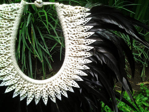 Papua Native Warrior necklace with Black Feathers and white shells