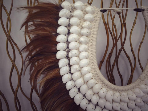 Papua Native Warrior necklace with brown feathers and shells