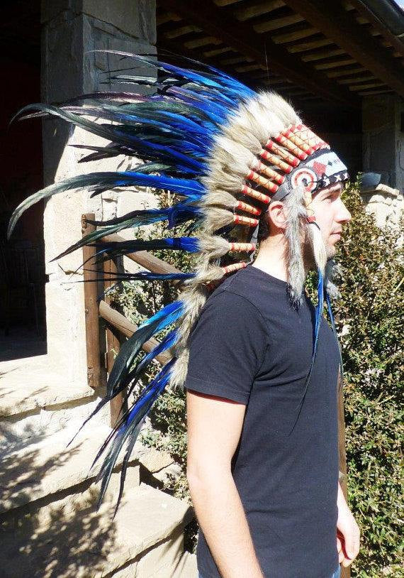 PRICE REDUCED M31-Indian Native American Style , War bonnet , Medium Electric Blue Feather Headdress (36 inch long ).