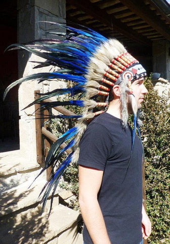 PRICE REDUCED M31-Indian Native American Style , War bonnet , Medium Electric Blue Feather Headdress (36 inch long ).