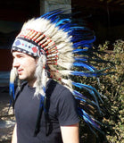 PRICE REDUCED M31-Indian Native American Style , War bonnet , Medium Electric Blue Feather Headdress (36 inch long ).