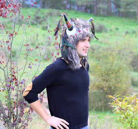 Real Feather Warrior  Indian Headdress with Horns, Native American Style Costume Hand Made and Horns WarBonnet Hat