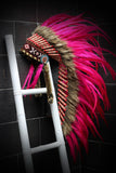 Y04 Indian Native American Style ,  Medium Pink Feather Headdress (36 inch long ).