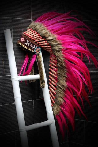 Y04 Indian Native American Style ,  Medium Pink Feather Headdress (36 inch long ).